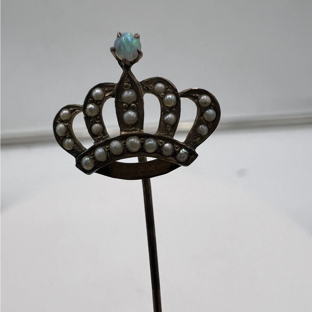 Antique 10k Gold Crown Stick Pin with Seed Pearls and Opal Victorian